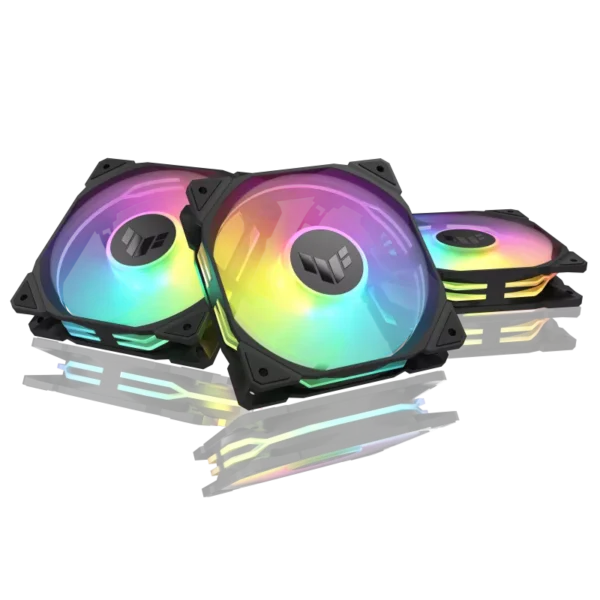 Set of RGB PC cooling fans with black frames and multi-color LED lighting on a black background