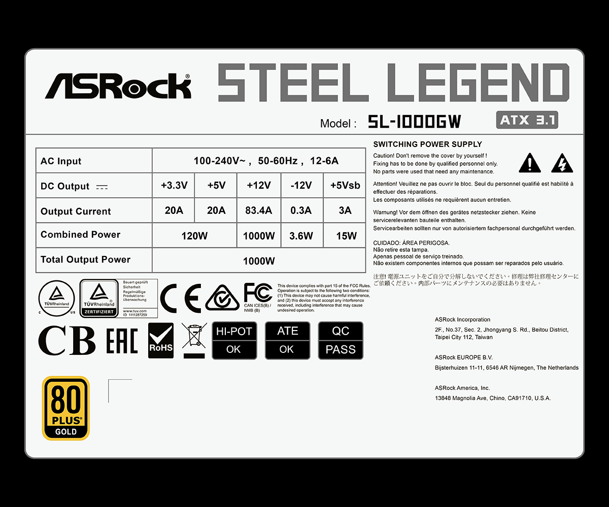 ASROCK STEEL LEGEND SL-1000GW 80+GOLD WHITE ATX 3.1 Full Modular - Image 7